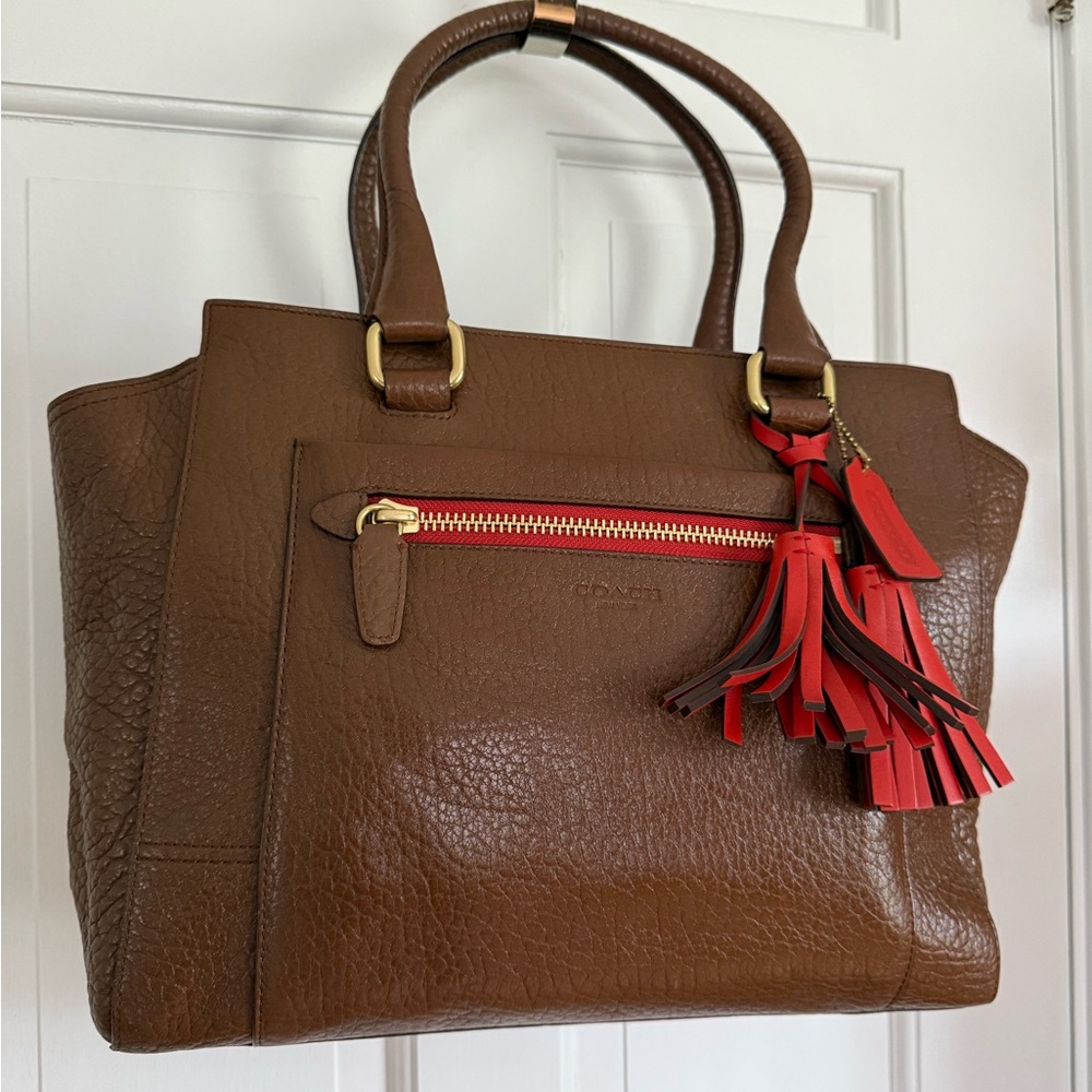 Vintage Coach Brown Leather Tote Bag with Red Accents